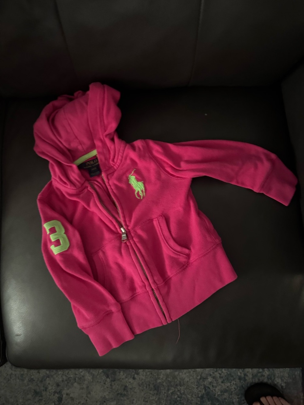 Polo Ralph Lauren Girls Hooded Sweat Jacket Hoodie Pink/ Neon Green Pony 2T EUC